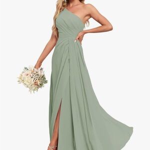 Green Asymmetrical One-Shoulder Gown with Slit